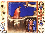 Obadiah called by God while he looks at the cruel Edomites. - from a 14th century illuminated Bible